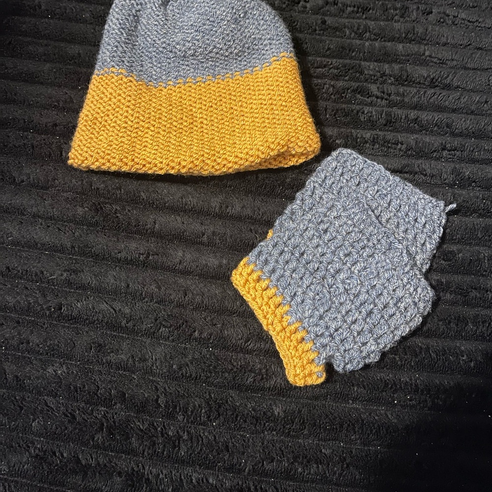 Gray and Yellow Kids Knit Hat and Mittens Set
